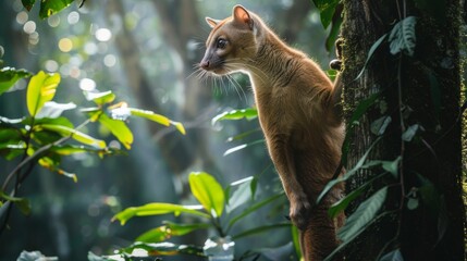 Fototapeta premium Rare Fossa Climbing Tree in Lush Forest Habitat Surrounded by Greenery and Foliage, Wildlife in Natural Habitat