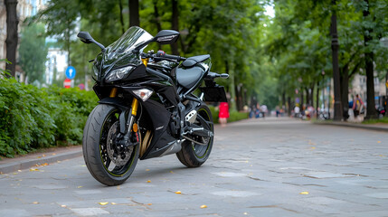 Fototapeta premium Black motorcycle parked on city street, people walking in background