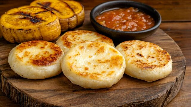 Delicious arepas served with grilled plantains and salsa in a rustic wooden setting