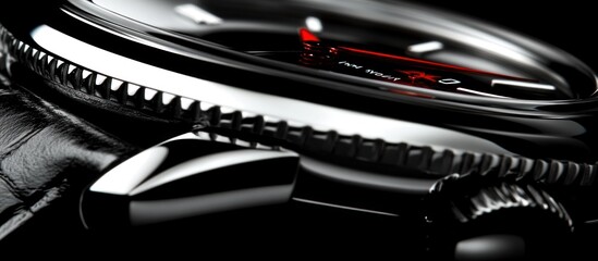 Luxury watch close-up, black background, red accents, advertising