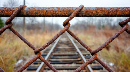 Railway tracks viewed through a weathered fence, hinting at abandonment