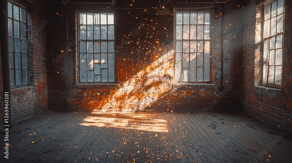 Poster Sunlight streams through factory windows, illuminating dust motes in abandoned building