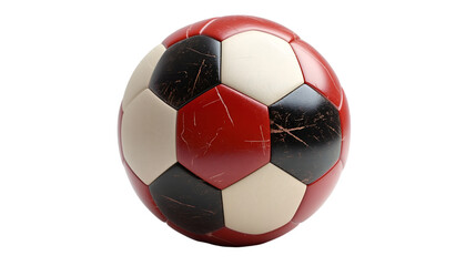 Fototapeta premium Vintage Soccer Ball Red, Black, and White, Worn Leather Texture for Retro Sports Themes, isolated on transparent background.