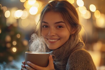 A woman in a cozy sweater smiles while holding a steaming mug, bokeh lights.