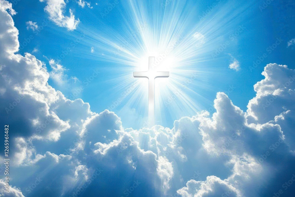 Poster white cross shining in the sky with clouds, creating an ethereal and heavenly atmosphere.