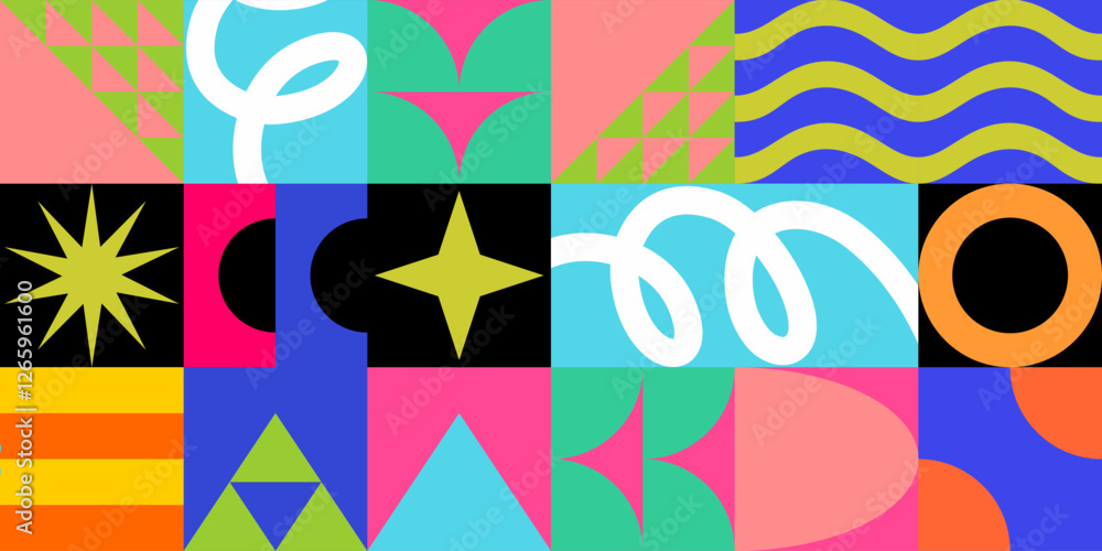 Poster a vibrant geometric pattern collection with dynamic shapes and bright colors. perfect for modern des