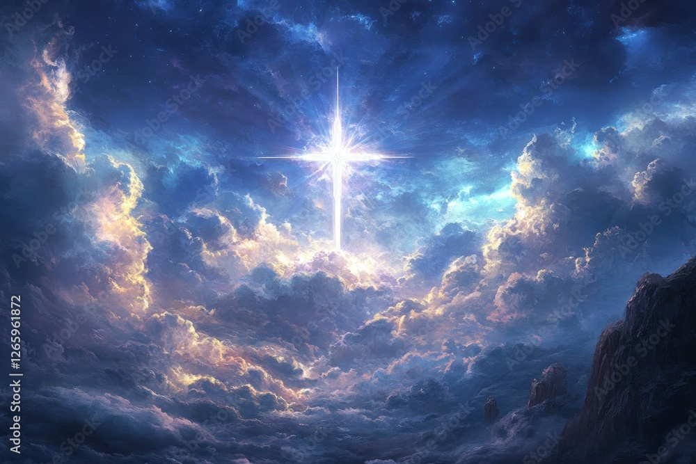 Poster white cross shining in the sky with clouds, creating an ethereal and heavenly atmosphere.
