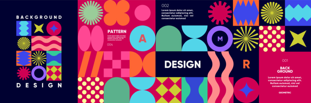 A bold abstract pattern with geometric shapes and vivid colors in a minimalist style. A modern vector background perfect for posters, flyers, banners, and festival themes. 
