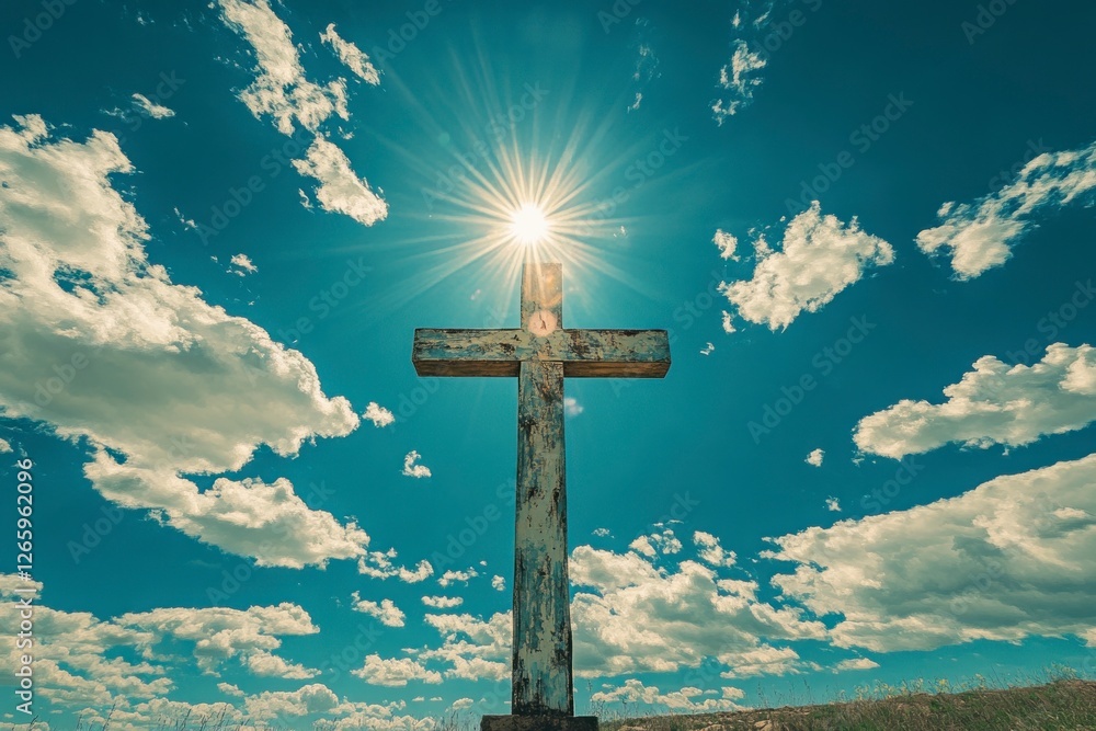 Poster white cross shining in the sky with clouds, creating an ethereal and heavenly atmosphere.
