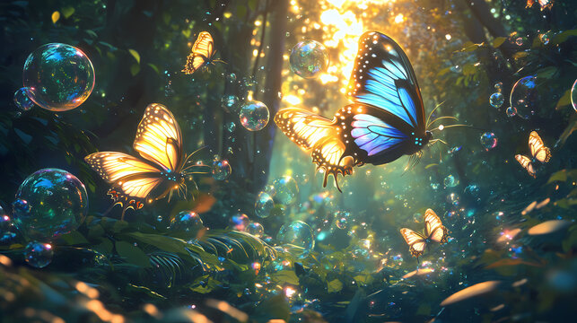 A swarm of glowing butterflies flutter amongst iridescent bubbles in a lush forest. Iridescent Butterfly Swarms. Illustration
