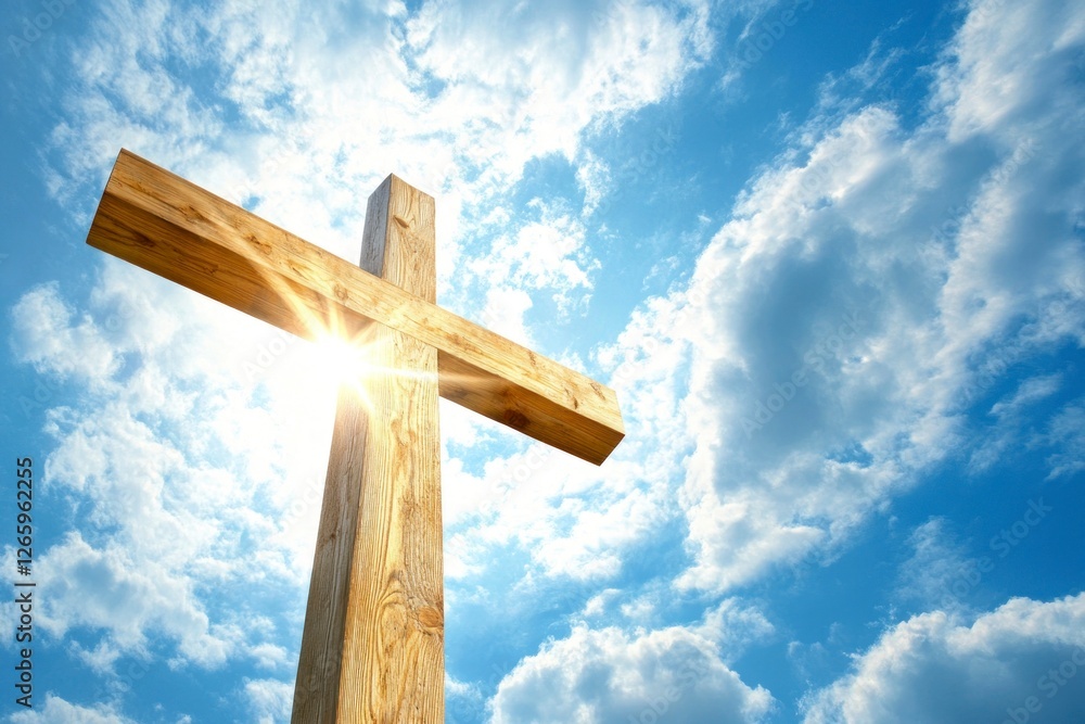 Poster white cross shining in the sky with clouds, creating an ethereal and heavenly atmosphere.