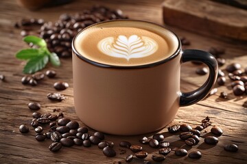 Xícara de cappuccino com latte art detalhada, cercada por grãos de café torrados em uma mesa de madeira rústica, criada com IA generativa para um ambiente acolhedor e artesanal