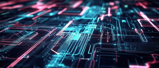 Fototapeta premium Abstract Digital Network Circuit Board with Glowing Pink and Blue Lines