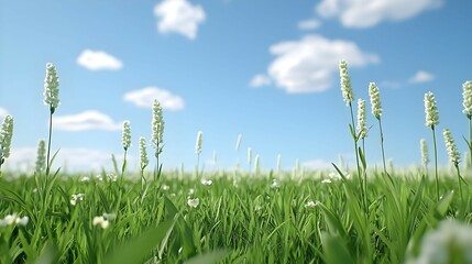 Obraz premium White Wildflowers In Green Grass Field Under Blue Sky With Fluffy Clouds