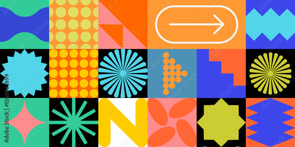 Poster a vibrant geometric pattern collection with dynamic shapes and bright colors. perfect for modern des