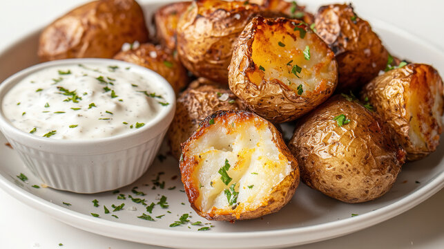 Freshly baked baby potatoes with creamy ranch dressing in a cozy kitchen setting