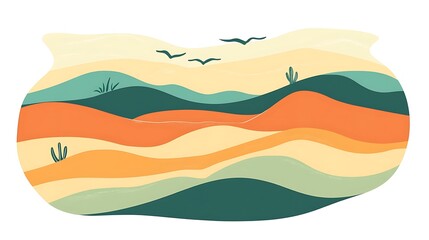 Abstract Desert Landscape With Birds and Cactus