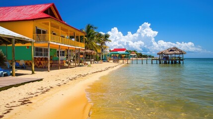 Obraz premium Colorful Caribbean beachfront houses on sunny beach
