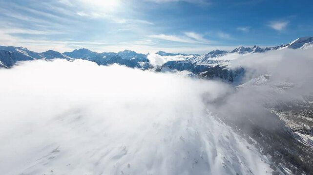 Aerial view of Aletsch&rsquo;s ski slopes, with powdery snow, panoramic mountain landscapes, and the beauty of the Swiss Alps under a clear blue sky. Breathtaking view with the Matterhorn in background.