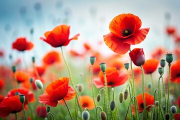 Fototapeta premium Miniature Red Poppies Isolated on White Background - Tilt-Shift Photography