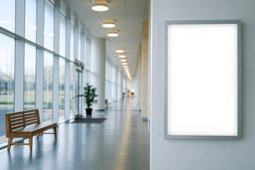 Mock-Up promotion poster displayed on the front of bright blur medical clinic, hospital interior background with defocused effect. Blank A4 white paper on abstract defocused luxury office corridor. Ad