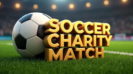 Soccer Charity Match – 3D volumetric text with a soccer ball on grass the stadium field