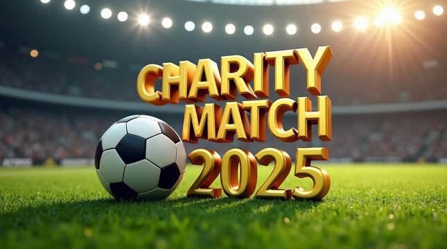 Charity Match 2025 Bold Golden Text and Soccer Ball on Soccer Field for Charity Event News