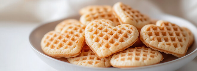 Heart-shaped waffles piled on a plate with intricate textures and bright natural lighting.Belgian waffles for breakfast