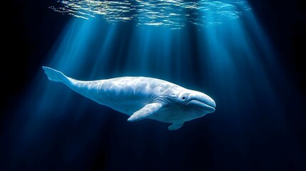 Fototapeta premium Pixel Art Whale Underwater in Dark Blue Ocean with Sunbeams