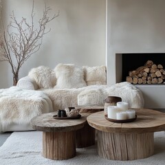 Interior scene features a cozy couch with sheepskin throws