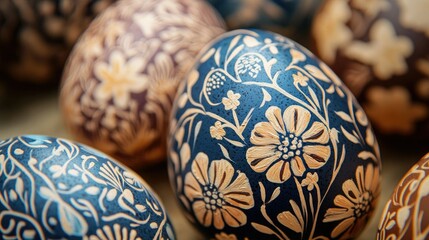 Close-up of Easter eggs with floral patterns