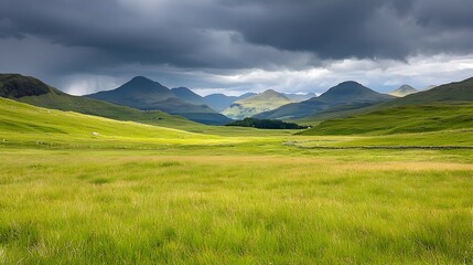 Naklejka premium Dramatic Landscape of Rolling Green Hills Under a Stormy Sky