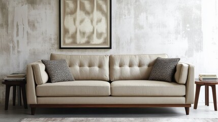 Comfortable modern sofa with decorative pillows against a textured wall