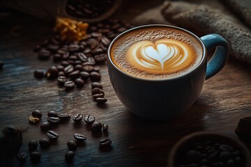 Xícara de cappuccino com latte art detalhada, cercada por grãos de café torrados em uma mesa de madeira rústica, criada com IA generativa para um ambiente acolhedor e artesanal