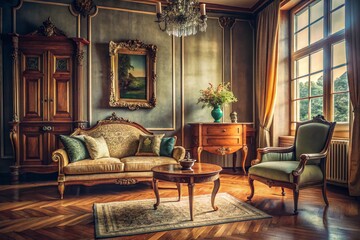 Minimalist Antique Living Room: Elegant Vintage Interior Design Stock Photo