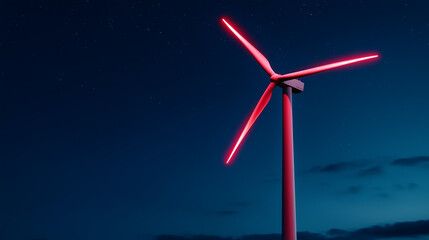 Modern wind turbine illuminated in a vibrant red glow against the serene night sky, symbolizing renewable energy and sustainability.