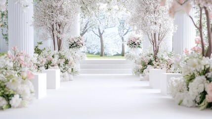 Elegant wedding ceremony setup, floral arch, garden view
