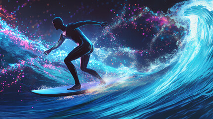Naklejka premium Hologram surfing. a surfer on a board made of particles. flickering energy flux of particles. water recreation. Holographic Ocean Waves. Illustration