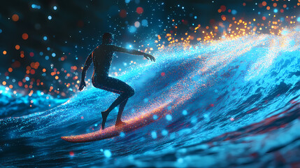 Obraz premium Hologram surfing. a surfer on a board made of particles. flickering energy flux of particles. water recreation. Holographic Ocean Waves. Illustration