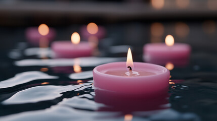 Serene floating pink candles illuminating calm waters at dusk, creating a tranquil atmosphere for relaxation and meditation.