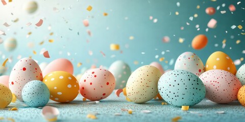 Colorful easter eggs surrounded by confetti on a soft blue background during a festive spring celebration