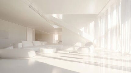 Minimalist all white living room bathed in soft sunlight