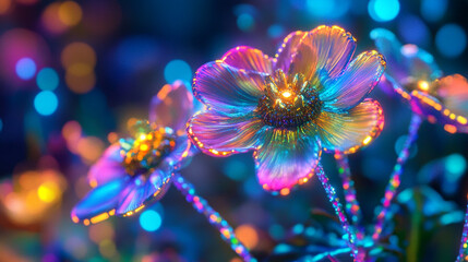 Colorful glowing flowers under soft light create a magical atmosphere in a nighttime garden