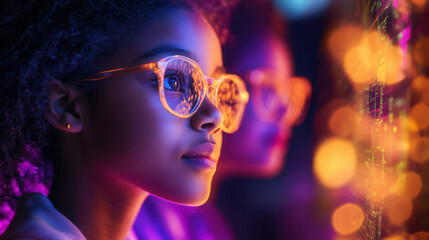 African American girl. Educators from diverse backgrounds engage with artificial intelligence and technology in an interactive learning environment