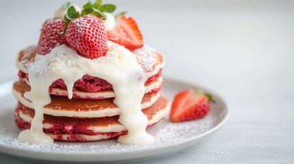 Delicious red velvet pancakes topped with strawberries and creamy drizzle create a vibrant breakfast delight