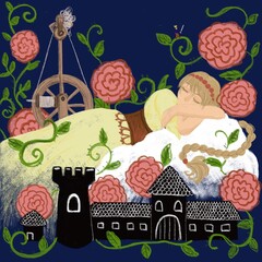 Schlafendes Dornröschen mit Rosen, Spinnrad und Prinz