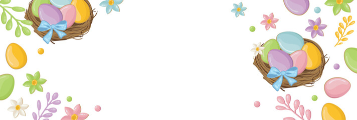 Easter nest, flowers, twigs and yellow, pink, blue and green eggs on transparent background with space for inscription in the middle. Easter party concept. Vector festive background.