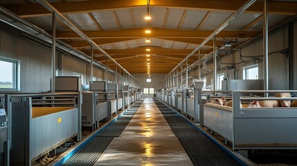 Obraz premium Modern pig farm interior showing rows of pig housing units