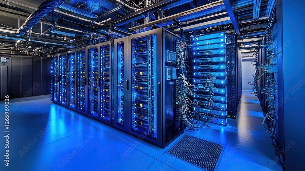 Aufkleber blue-themed data center hub showcasing networking equipment representing secure digital communicatio