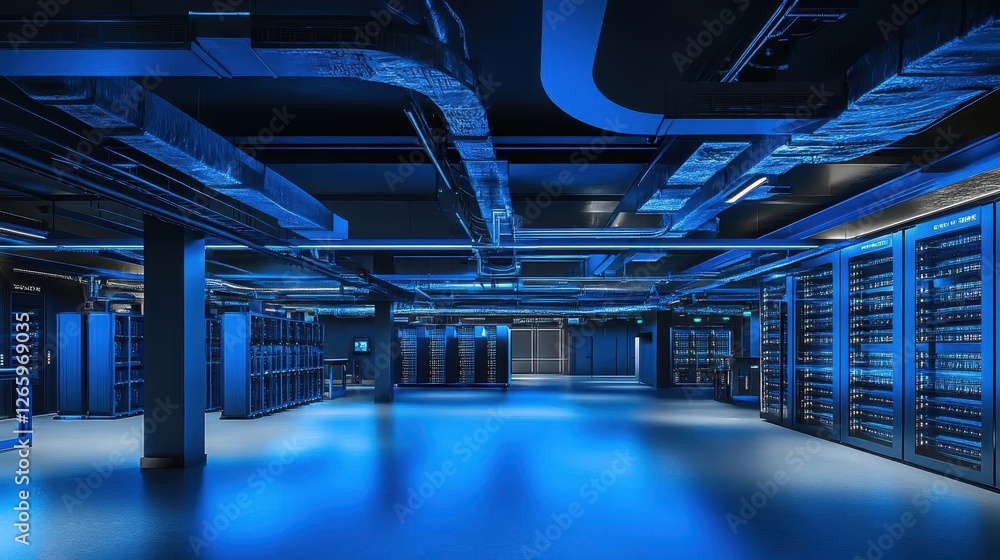 Poster blue-themed data center hub showcasing networking equipment for secure digital communication